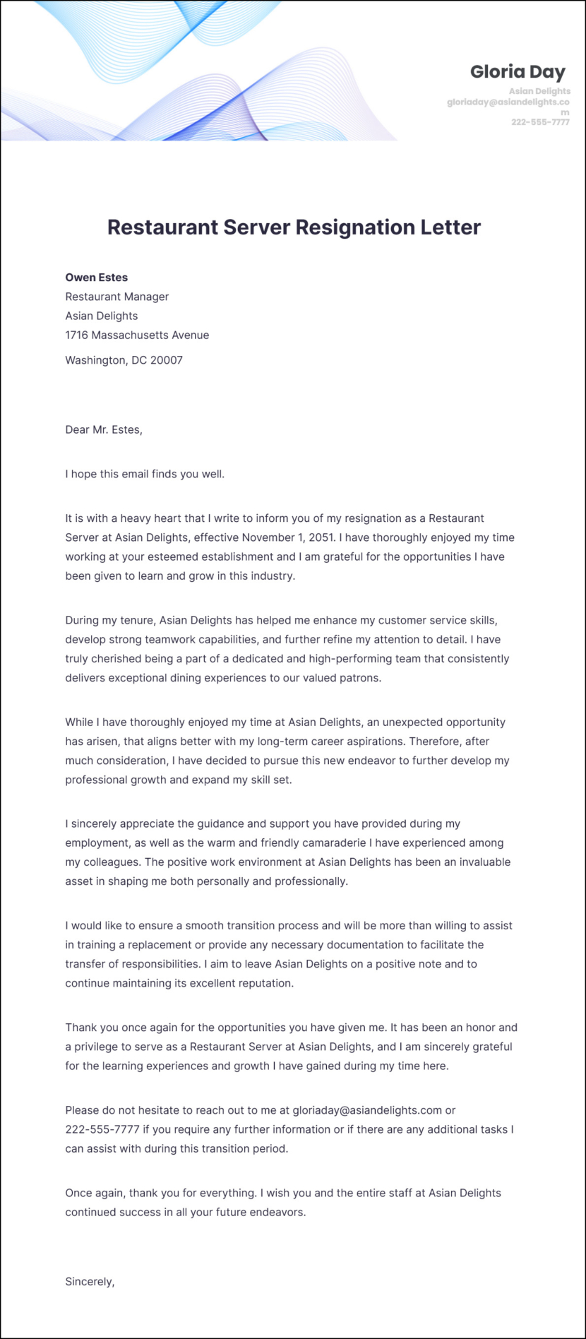 Restaurant Server Resignation Letter